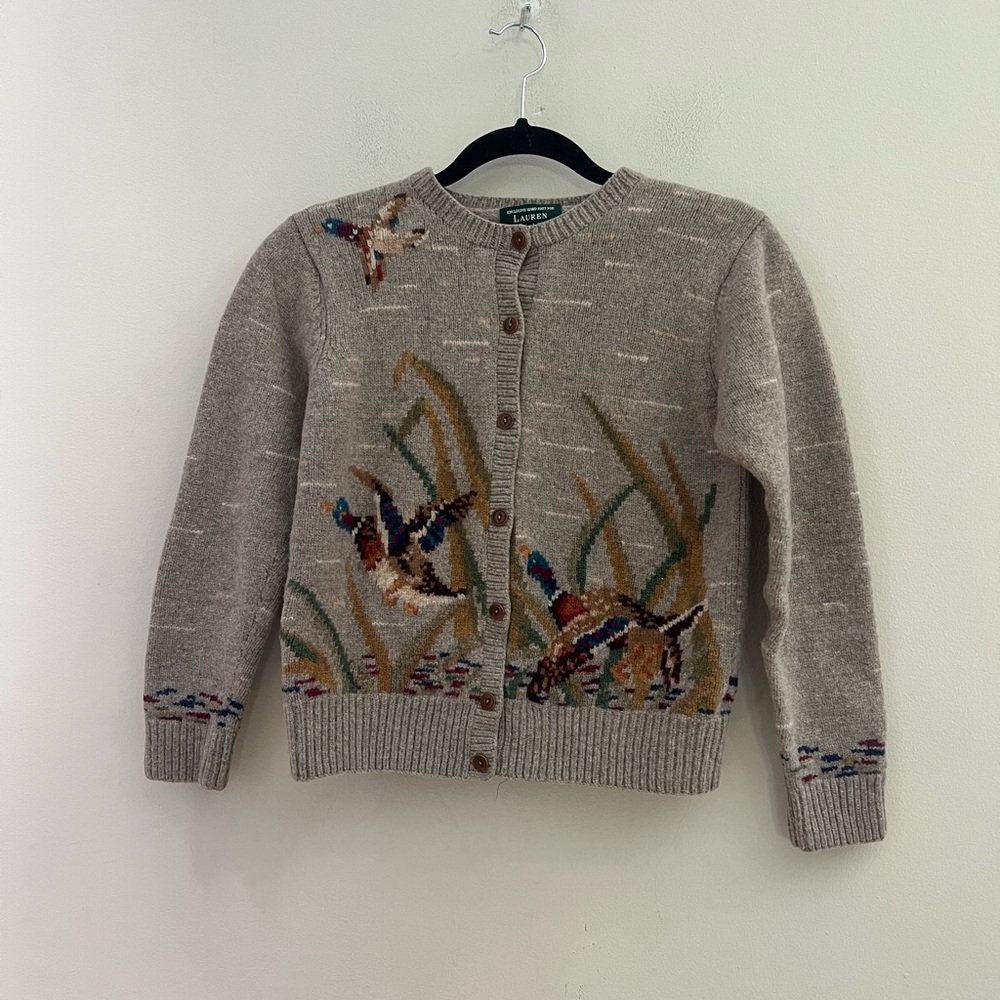 Lauren Ralph Lauren Taupe & Multicolor Embroidered Duck Cardigan - Picture 2 of 11